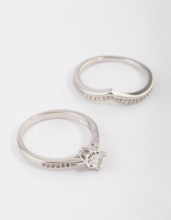 Elegant V-stack ring set in silver plated metal featuring dainty design side detail view