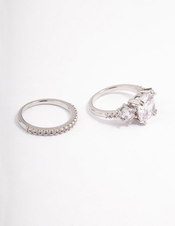 Beautifully designed triple stone ring set in silver with clear gemstones close up view