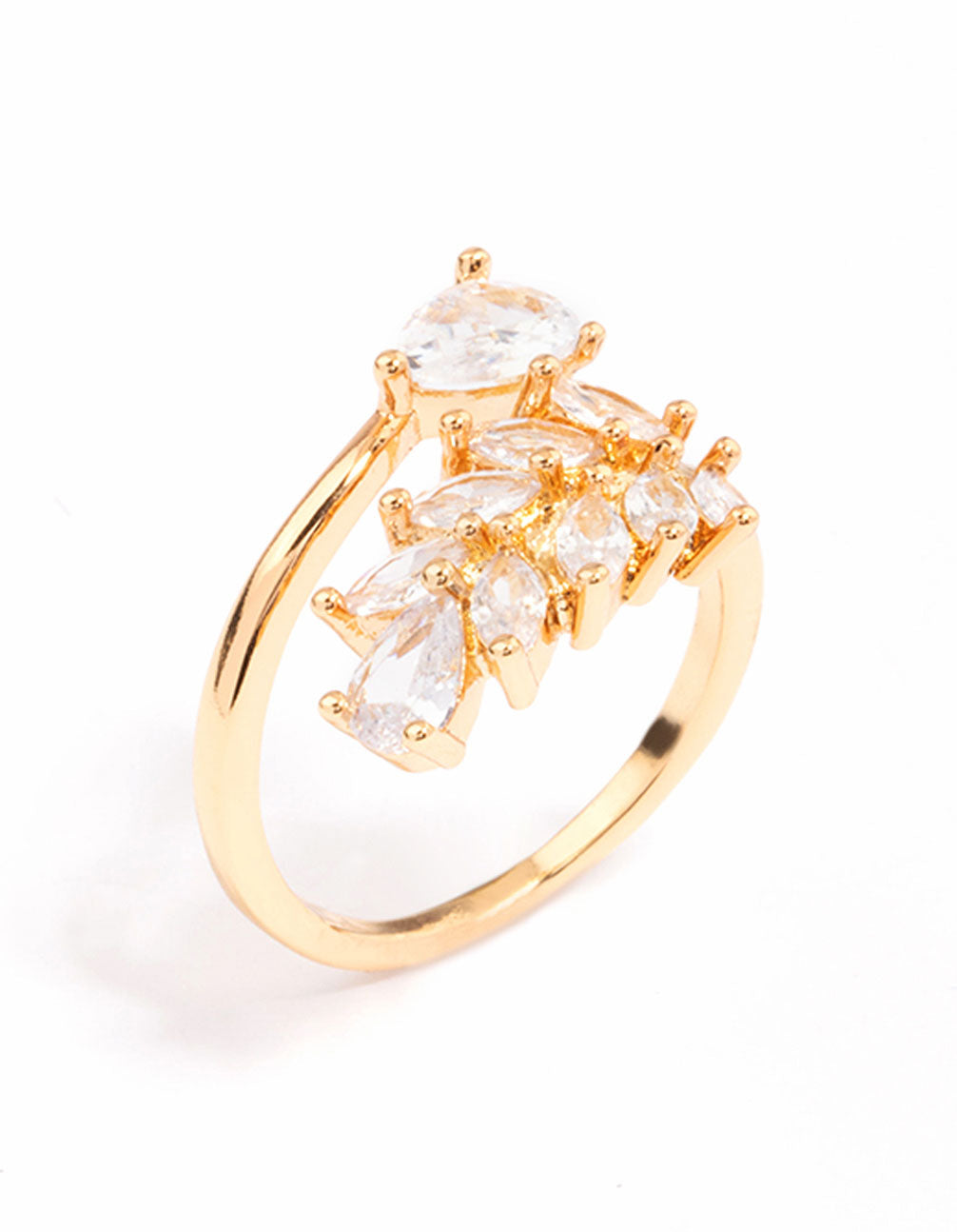 Beautiful gold plated leafy pear crystal ring with cubic zirconia stones arranged in a botanical pattern side detail view
