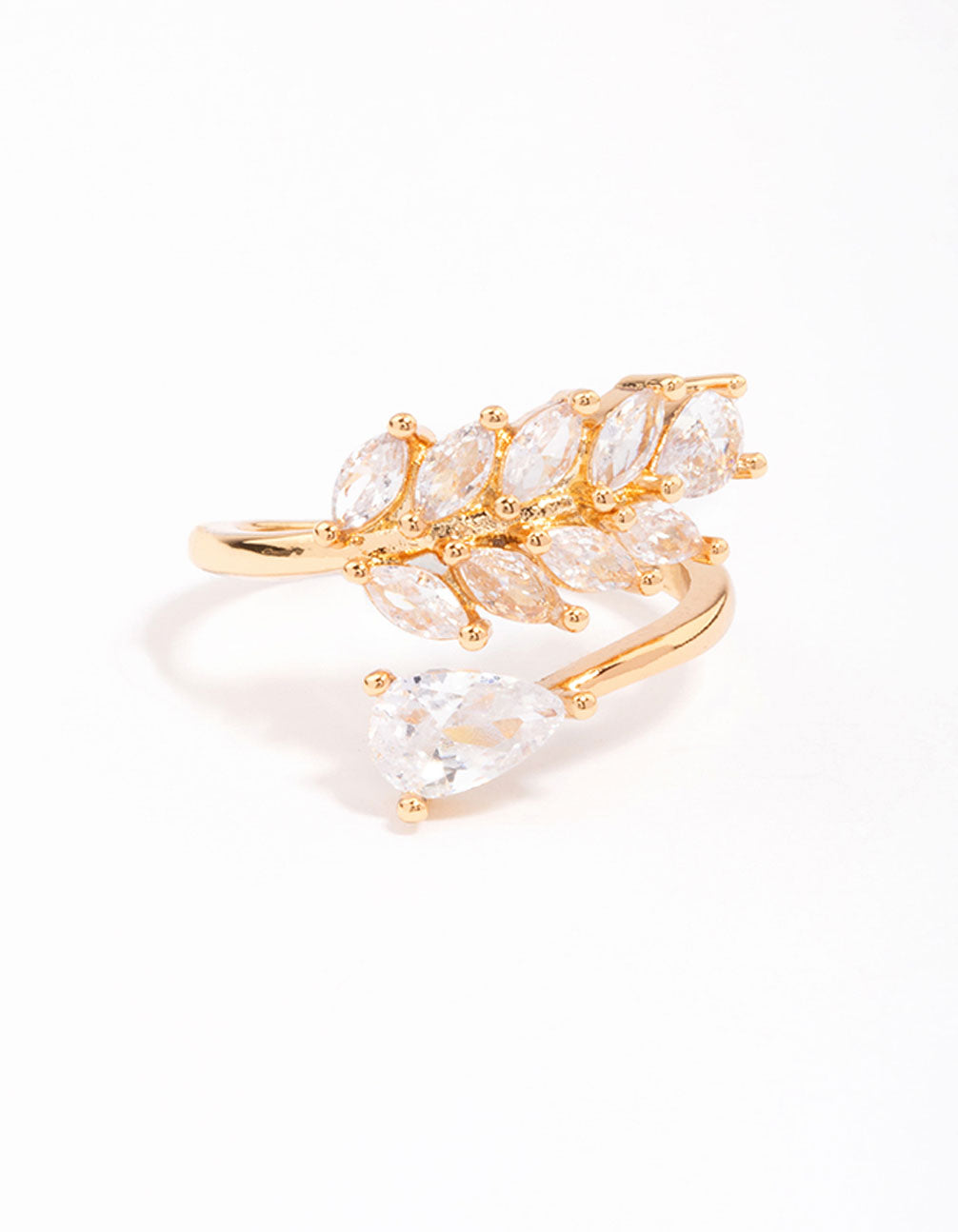 Stunning gold plated leafy pear crystal ring showcasing cubic zirconia stones in an elegant leaf motif close up view