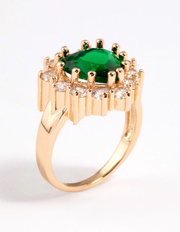 Featuring a dainty heart ring in gold with lime green stone front view
