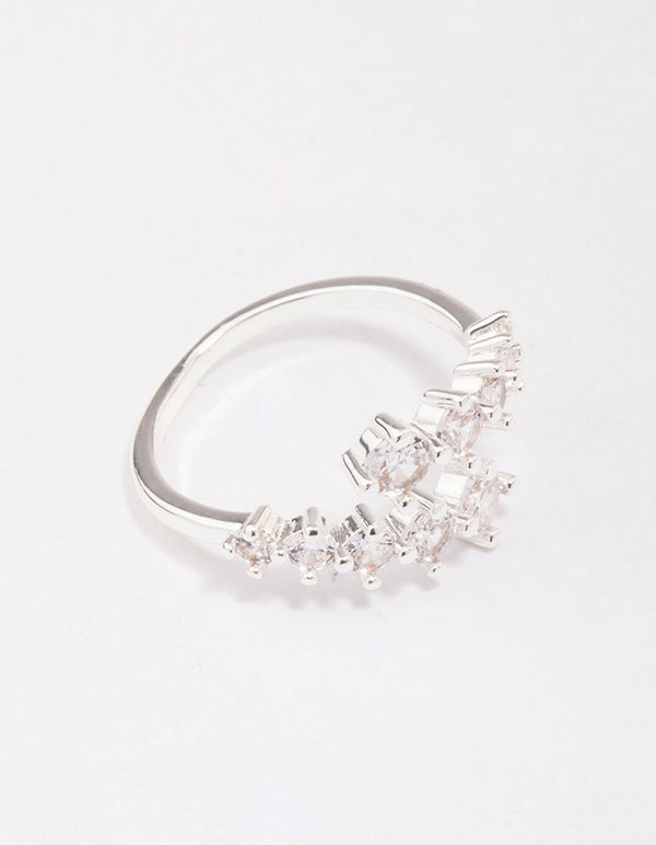 Featuring a dainty silver plated graduating cubic zirconia wrapped ring front view