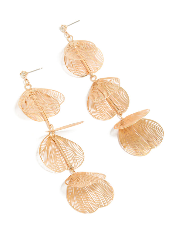 Showcasing gold lazercut petal drop earrings featuring floral design front view