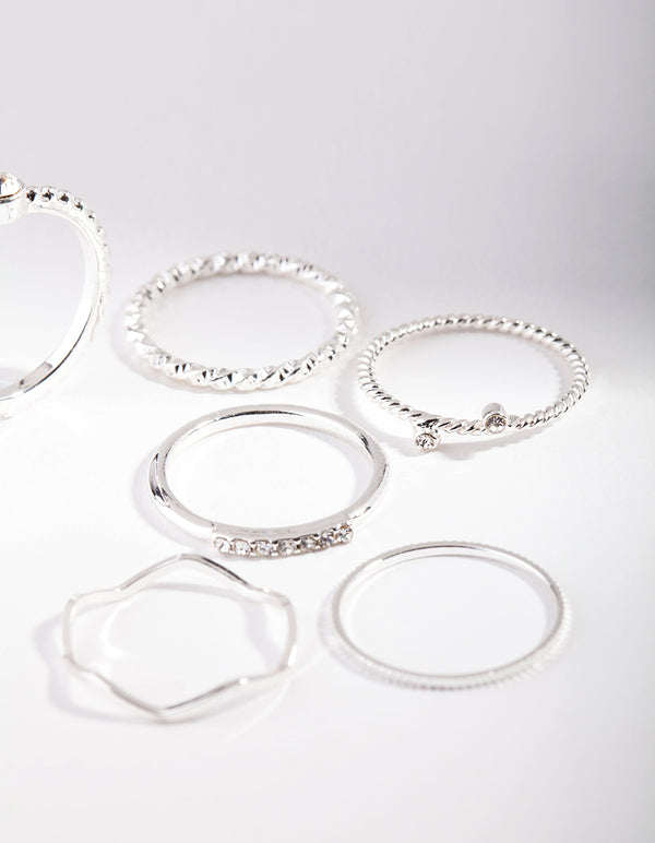 Designed with silver diamante mixed band stacking rings 6-pack side detail view