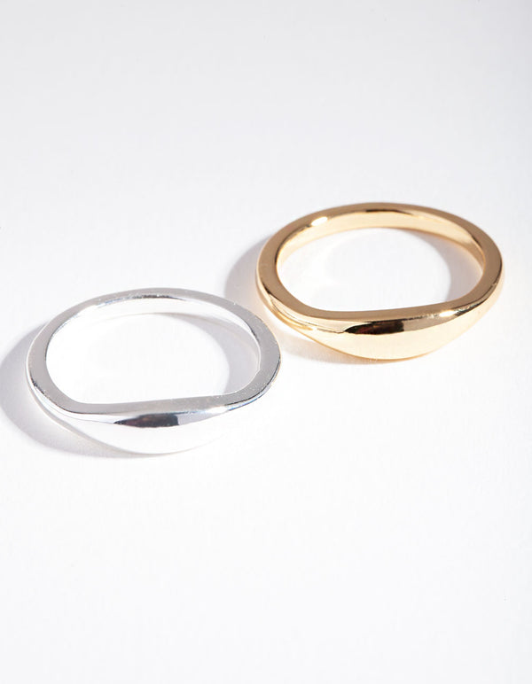 Designed with silver and gold plated wave band ring set close up view