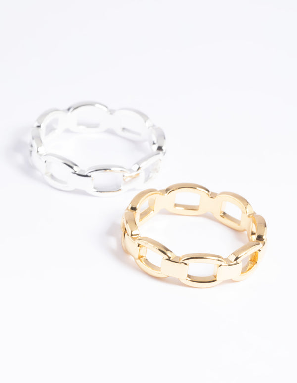 Designed with gold plated double chain ring featuring silver accent close up view