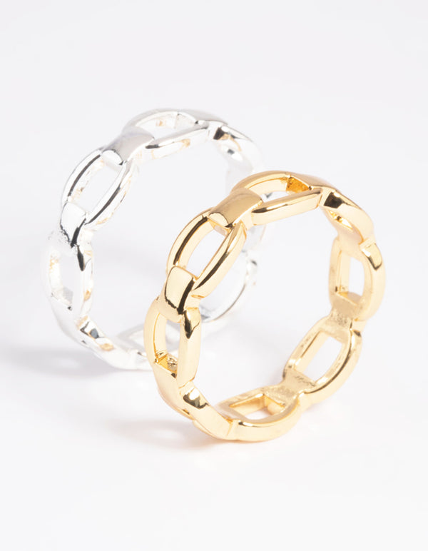 Gold plated double chain ring with silver accent side detail view
