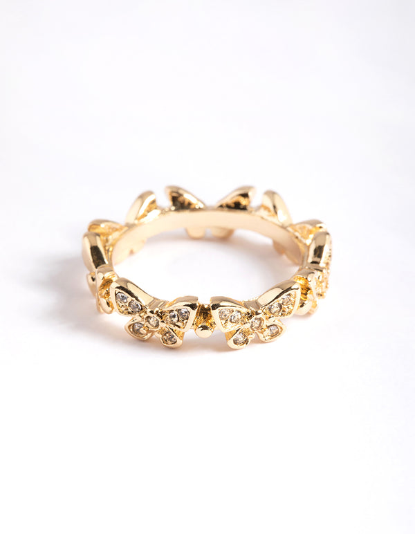 Showcasing a dainty gold butterfly band ring crafted from plated material front view