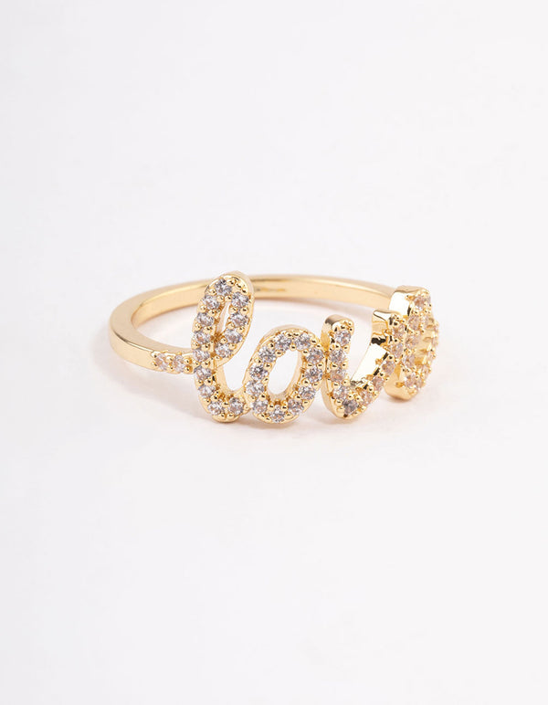 Presenting a gold plated love script ring featuring sparkling embellishments front view