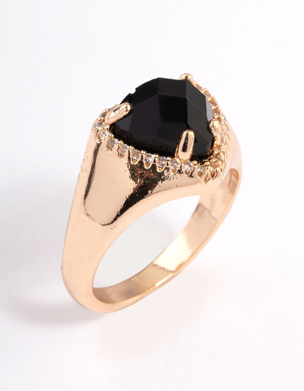 Stunning gold black statement heart ring side detail view