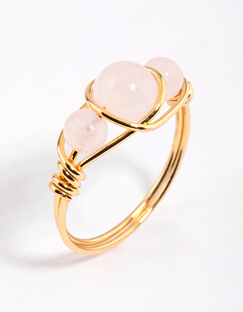 Presenting a gold plated wrapped triple stone ring featuring beads with \statement styling side detail view