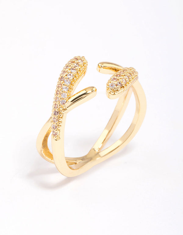 Crafted from gold plated material, this pave interlaced ring side detail view