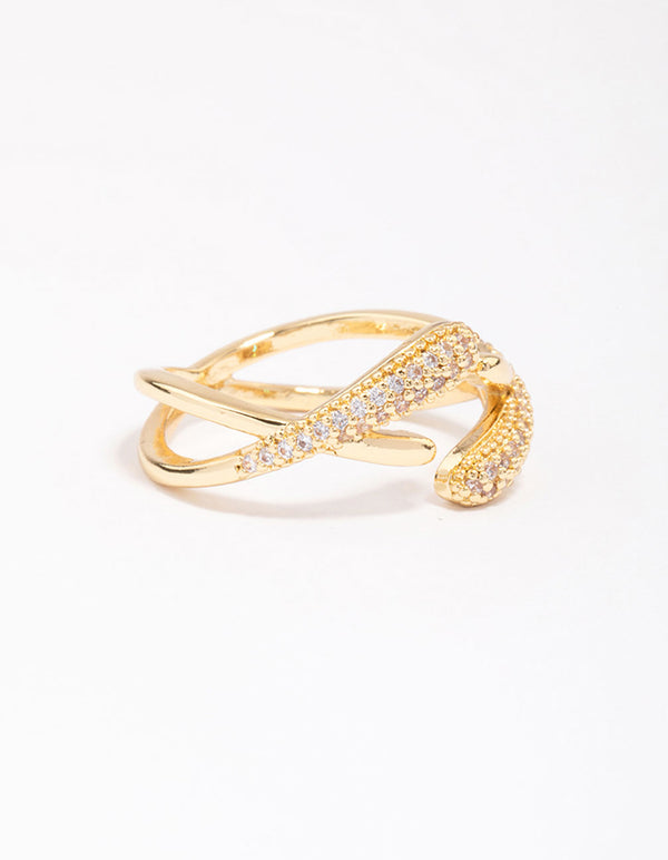 Showcasing a gold plated pave interlaced ring front view