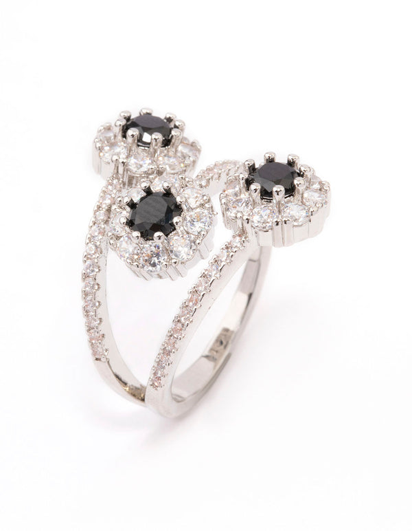 Elegant black round triple tier ring with round stone cut crafted in silver and white side detail view