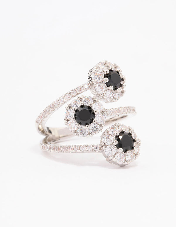 Showcasing a black round triple tier ring featuring round stone cut in silver and white tones front view