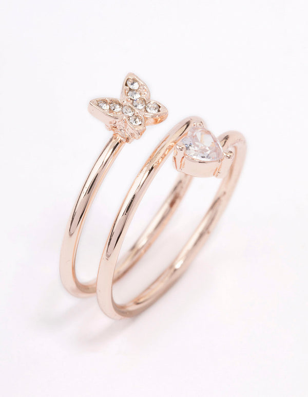 Elegant rose gold plated butterfly and heart wrapped ring side detail view