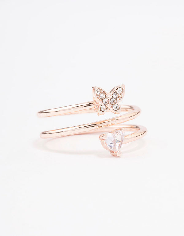 Showcasing a rose gold plated butterfly and heart wrapped ring front view