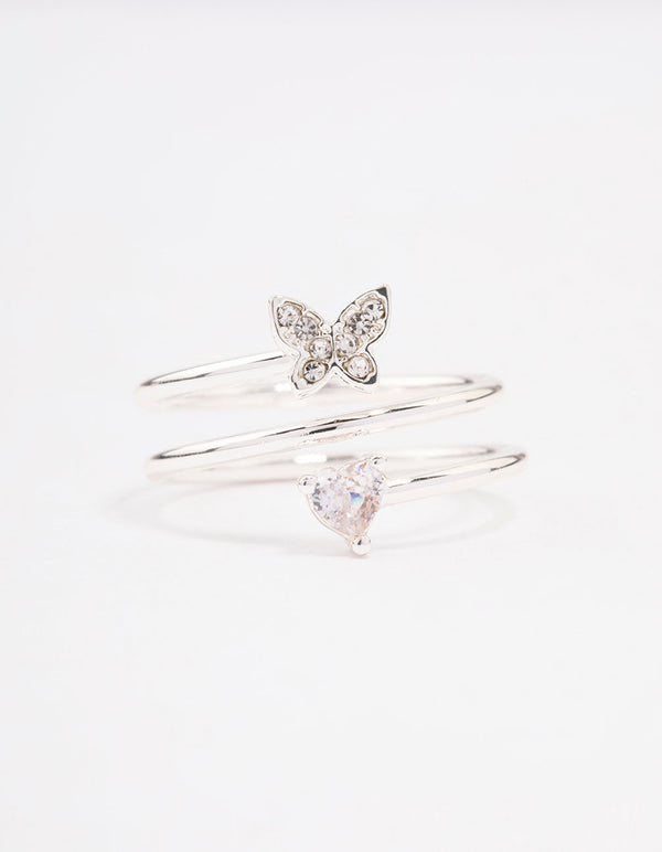 Designed with silver plated finish, this heart butterfly wrapped ring close upview