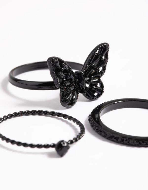Featuring a butterfly heart black ring pack close up view