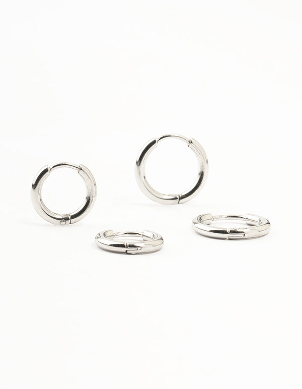 Showcasing surgical steel classic hoop earrings in a 2-pack with silver finish front view