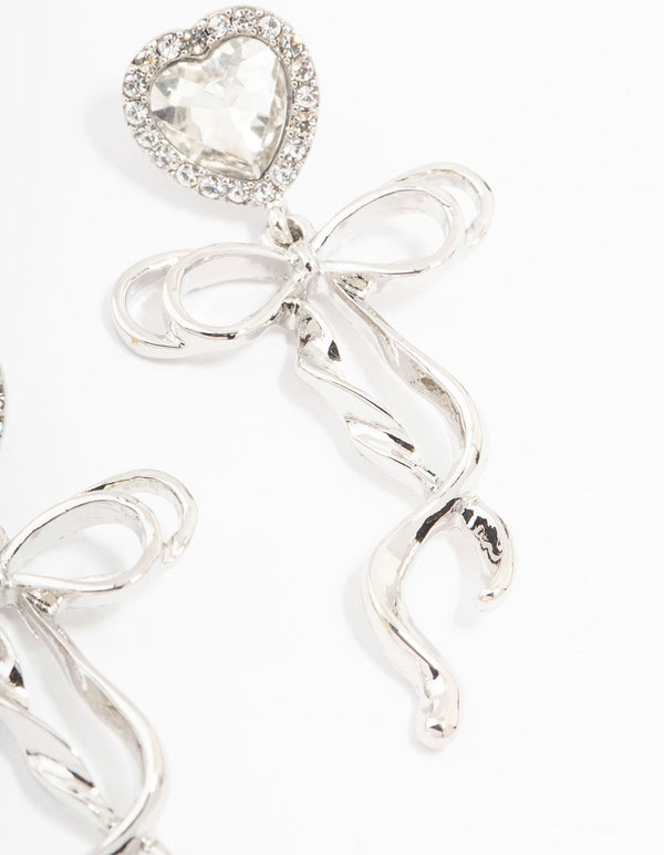 Silver Diamante Heart Bow Drop Earrings