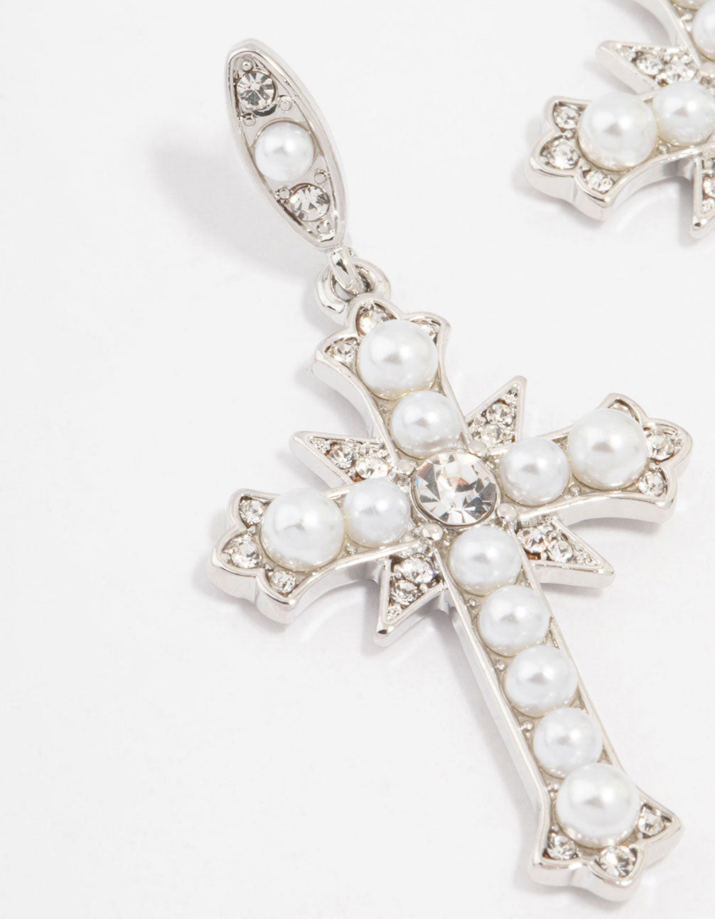Silver Pearl Cross Drop Earrings