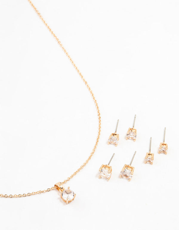 Gold Multiple Cubic Zirconia 6-Pack Stud Earrings & Necklace Set