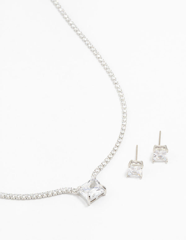 Square Silver Cubic Zirconia Necklace & Stud Earrings Pack