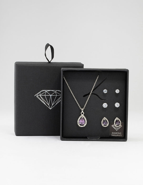 Silver Multiple Purple & Silver Pear Earring & Necklace Set