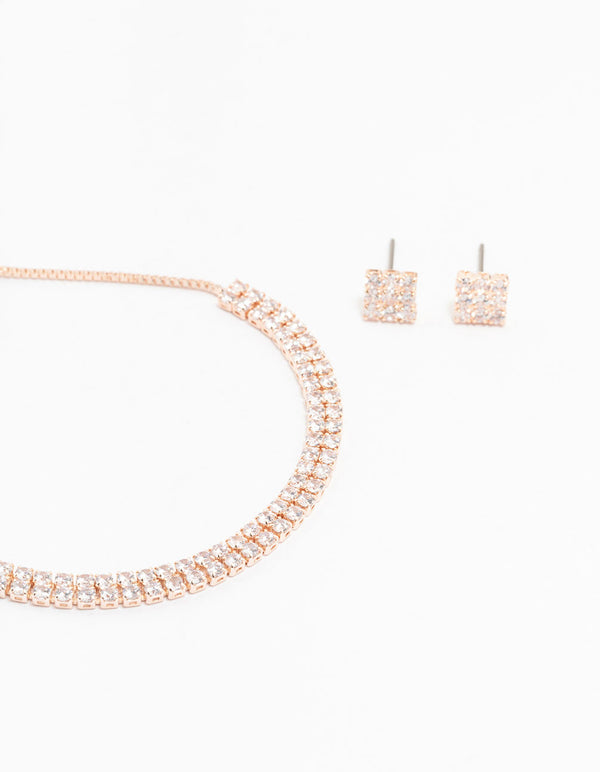 Rose Gold Cubic Zirconia Square Earrings & Tennis Bracelet Set