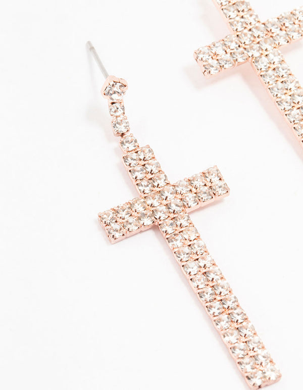 Rose Gold Bling Cross Drop Earrings