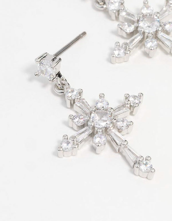 Silver Cubic Zirconia Cross Drop Earrings