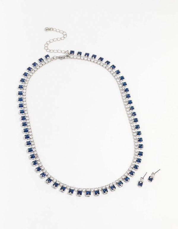 Silver Cubic Zirconia Sapphire Necklace & Earring Set