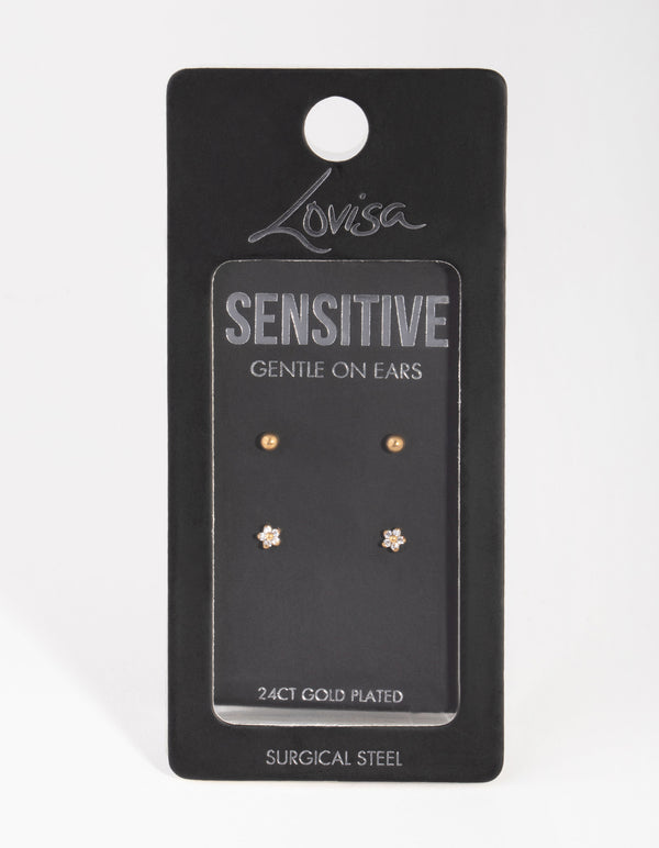 24 Carat Gold Plated Surgical Steel Ball & Flower Stud Earrings 2-Pack