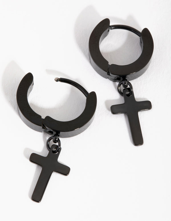 Matte Black Surgical Steel Cross Huggie Earrings