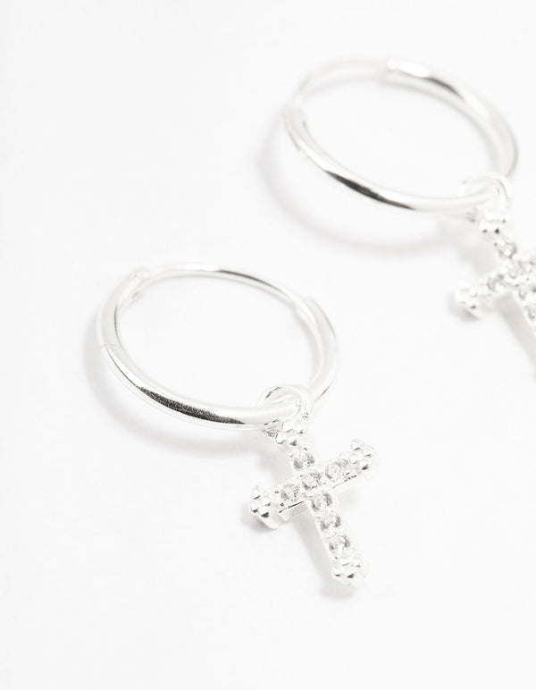 Sterling Silver Cubic Zirconia Cross Hoop Earrings