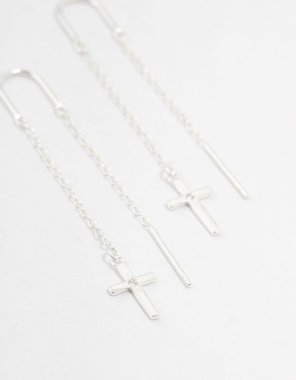Sterling Silver Thread Through Cross Drop Earrings