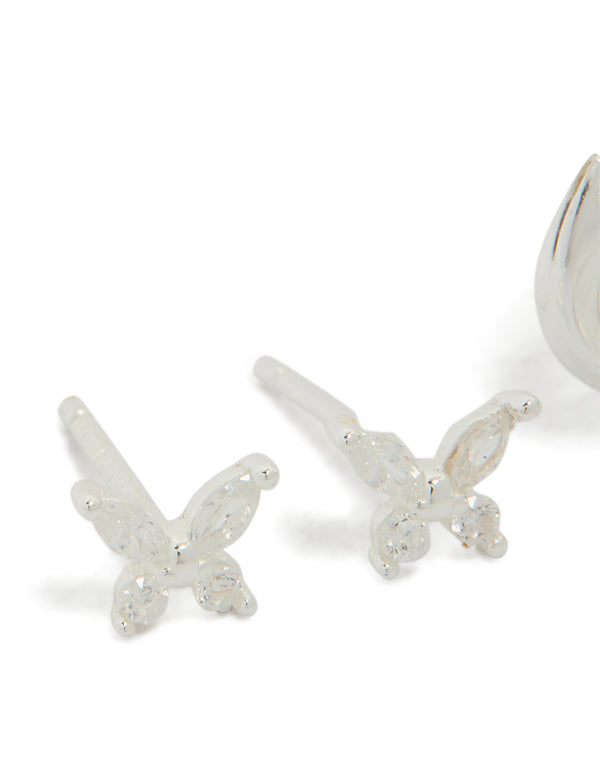 Sterling Silver Butterfly & Hoop Stud Earrings 2-Pack