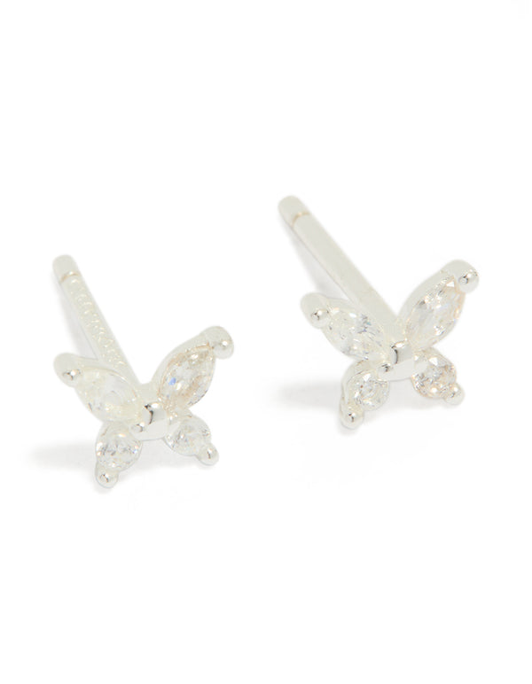 Highlighting sterling silver butterfly and hoop stud earrings in a 2-pack close up view