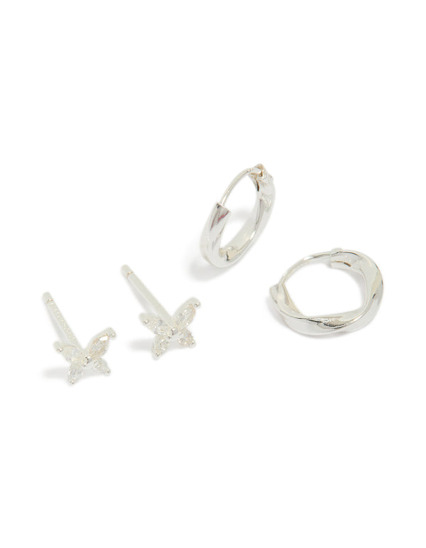 Showcasing sterling silver butterfly and hoop stud earrings in a 2-pack front view