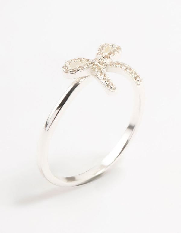 Elegantly designed sterling silver cubic zirconia bow ring in white front view