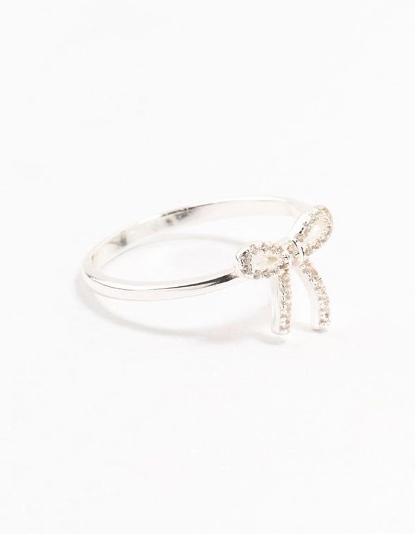 Crafted from sterling silver cubic zirconia bow ring in white side detail view