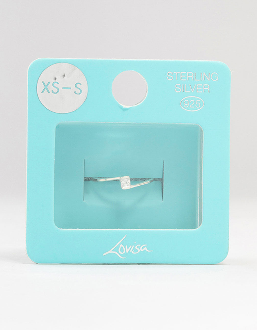 Beautiful mini square ring crafted from sterling silver featuring cubic zirconia detailing close up view
