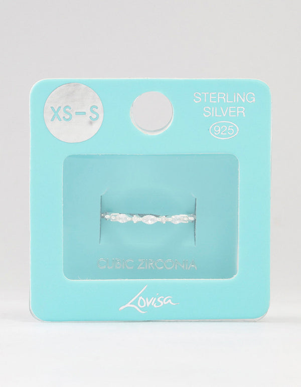 Elegant sterling silver ring with alternating marquise and round cubic zirconia stones displayed in packaging close up view