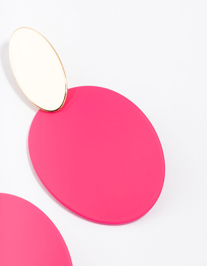 Gold Pink Plastic Flat Oval Disc Drop Earrings