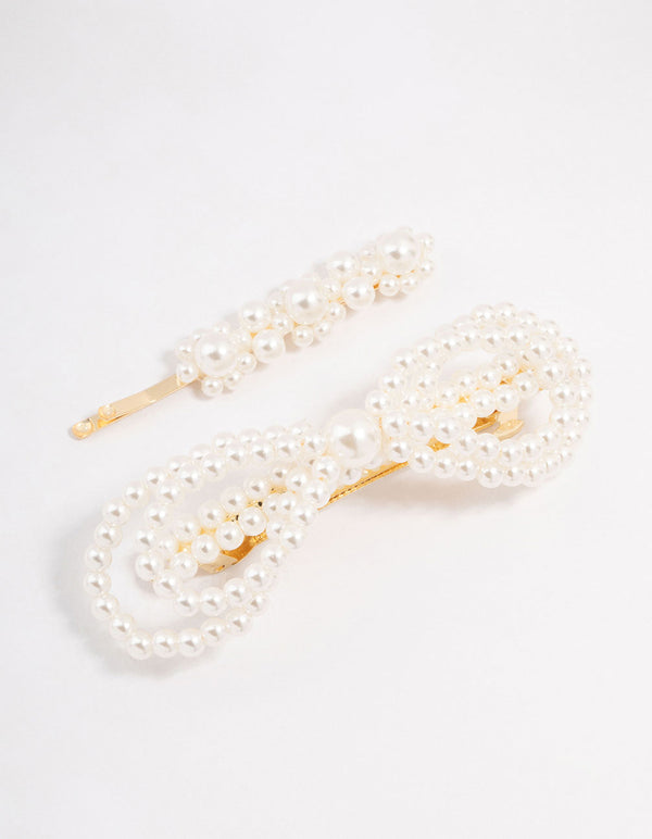Gold Pearl Bow Hair Sliders 2-Pack