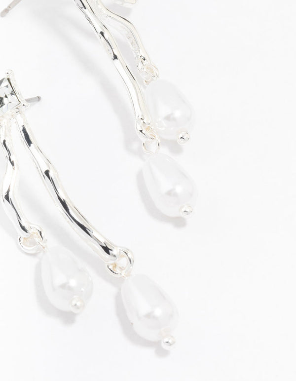 Silver Diamante Bow & Pearl Drop Earrings