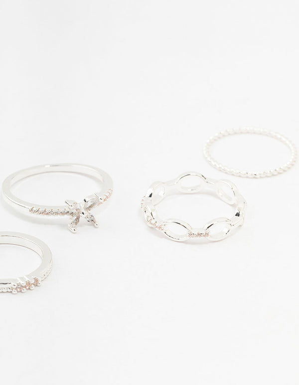 Silver Cubic Zirconia Butterfly Rings 5-Pack