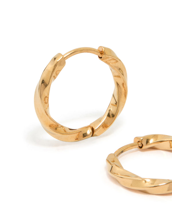 Designed with waterproof gold plated stainless steel twisted hoop earrings close up view