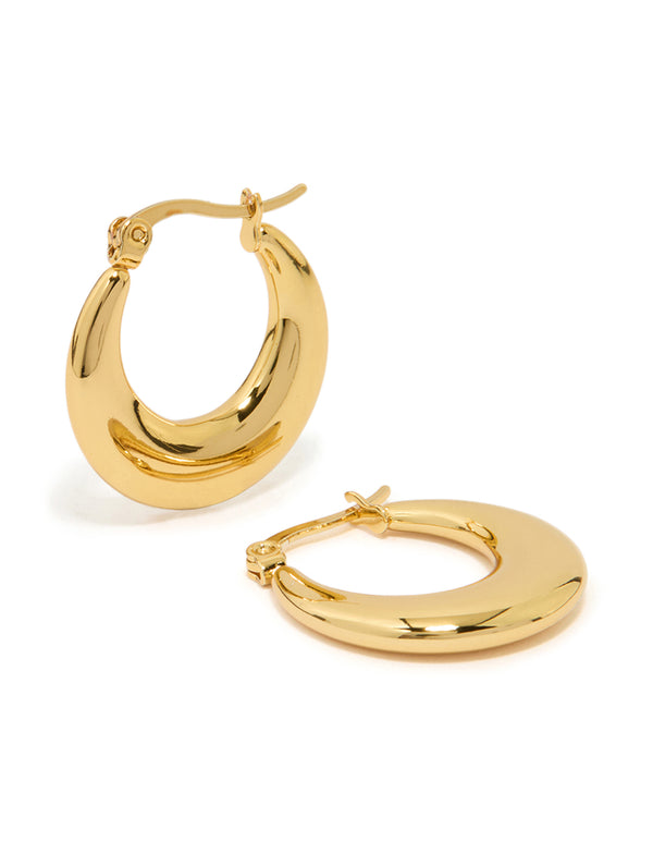 Discover waterproof gold plated stainless steel crescent hoop earrings front view